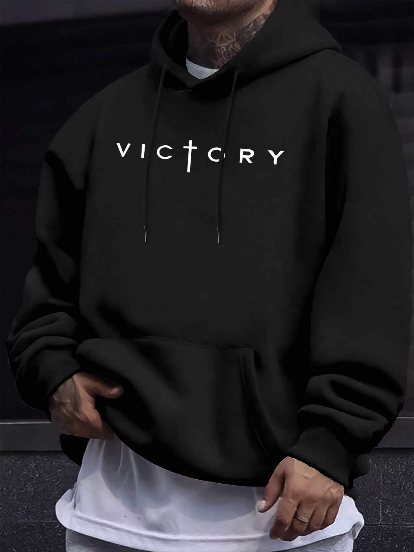 Crossfit Victory - เสื้อฮู้ดพิมพ์ลายกางเขนแห่งชัยชนะคริสเตียนสำหรับผู้ชาย คอลเลคชั่นฤดูใบไม้ร่วง/ฤดูหนาว ทรงหลวม คอกลม สไตล์ลำลอง สตรีทแวร์